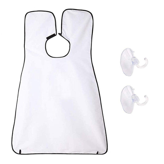 Man using a black beard apron with suction cups to catch hair clippings while shaving.
