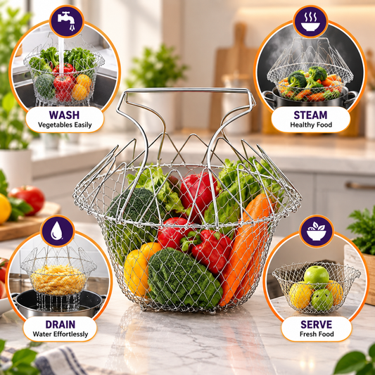 Selley Kitchen Duo – 12-in-1 Foldable Stainless Steel Kitchen Basket + Oil Dispenser
