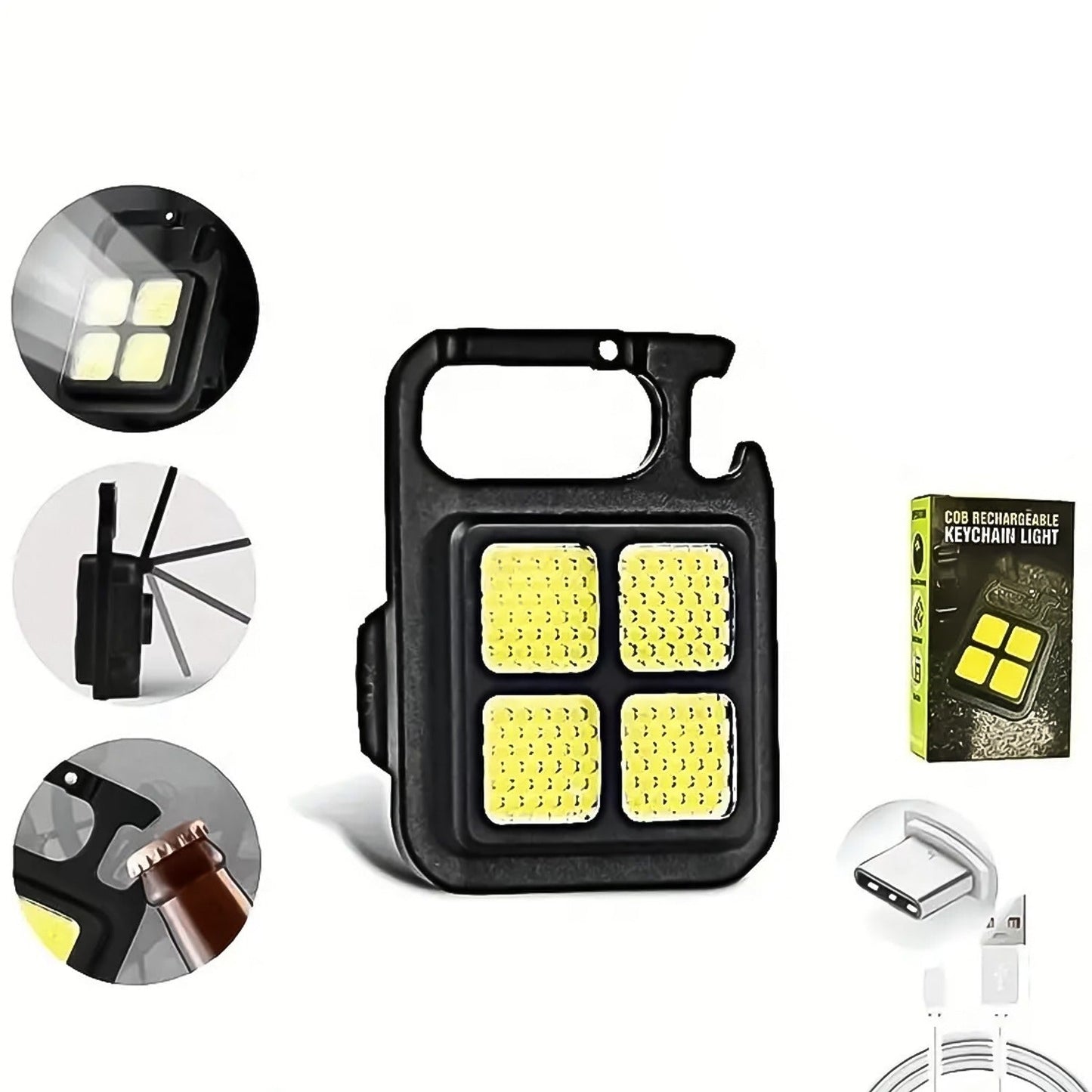 A black LED keychain light with four bright yellow square lights, accompanied by circular insets showing its features and a