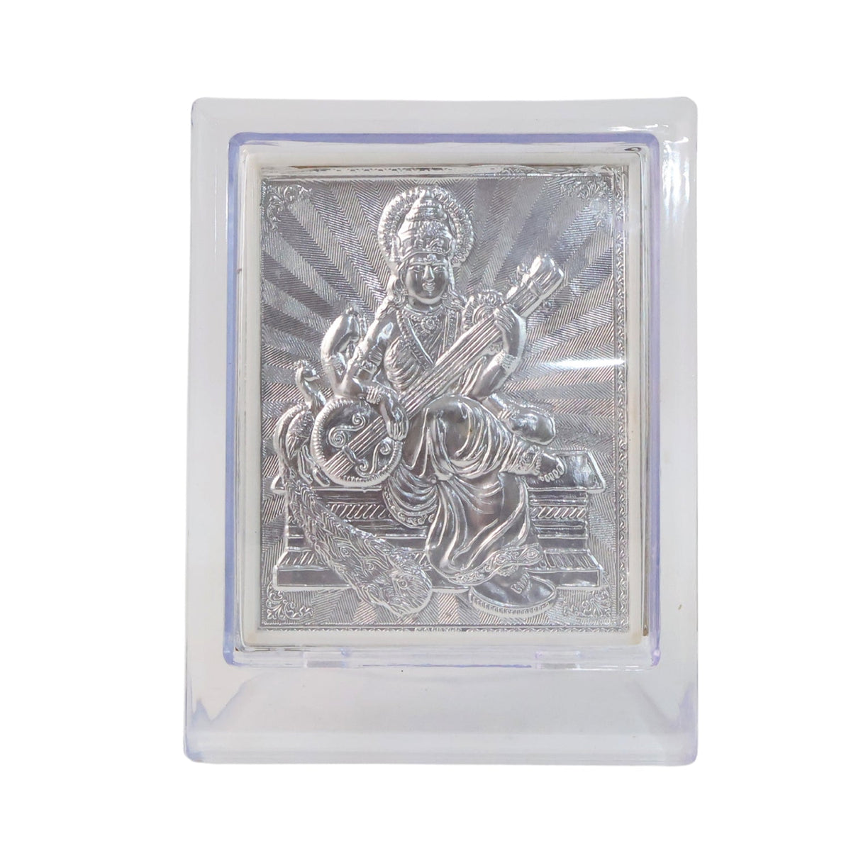 Side profile view of silver Saraswati Maa photo frame showing sturdy stand