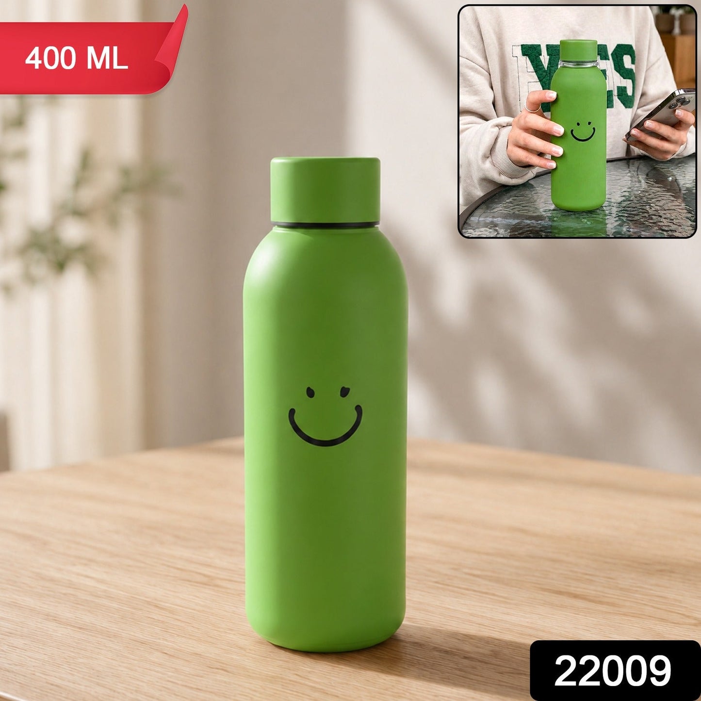 400 ML Smiley Face Glass Travel Water Bottle with Silicone Sleeve (1 Pc)