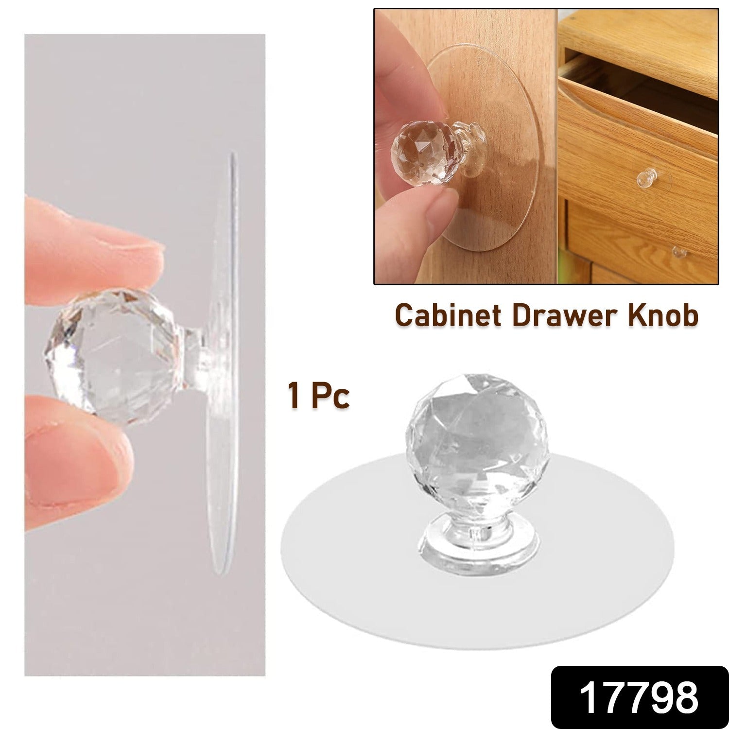 Clear crystal cabinet knob beautifully adorning a bathroom dresser, perfect for furniture upgrade.