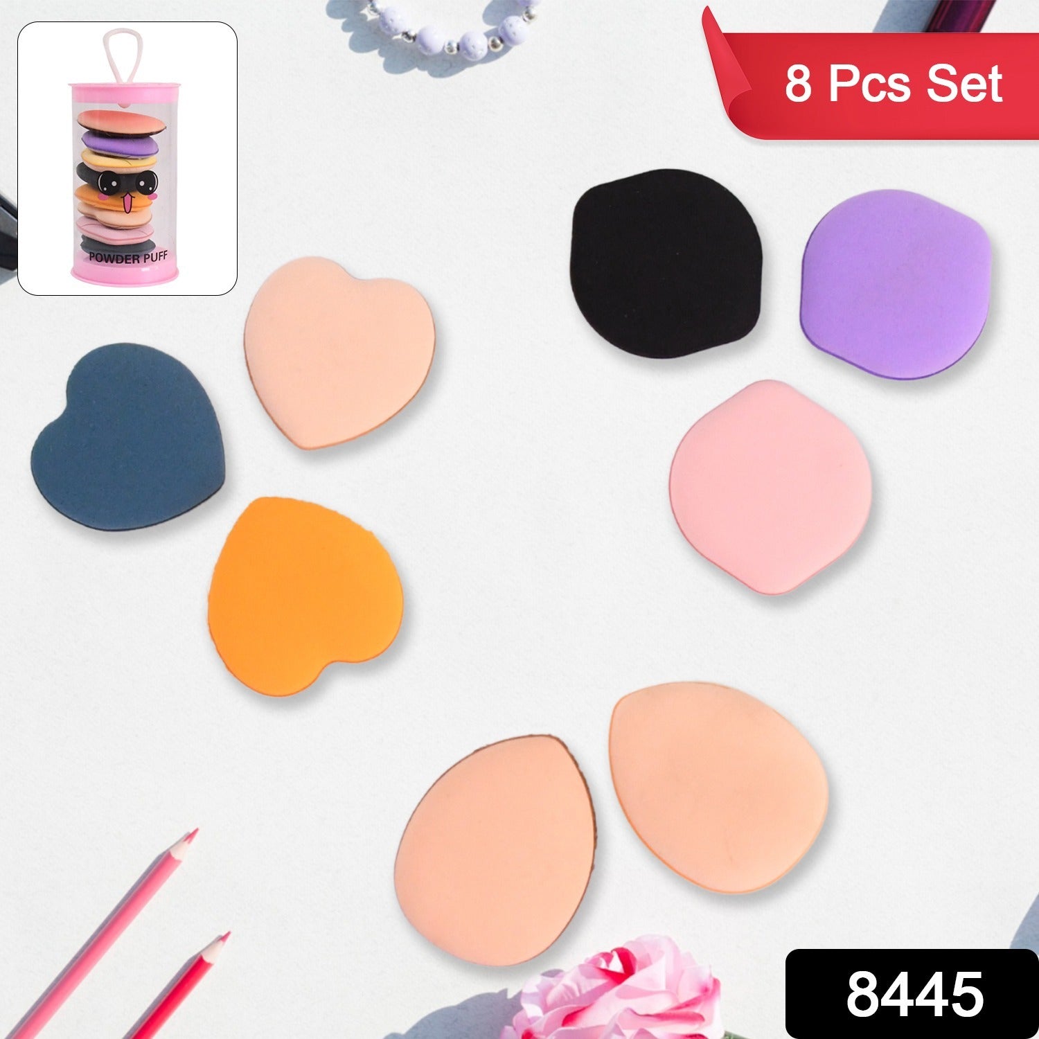 Set of 8 soft mini finger makeup sponges in assorted colours