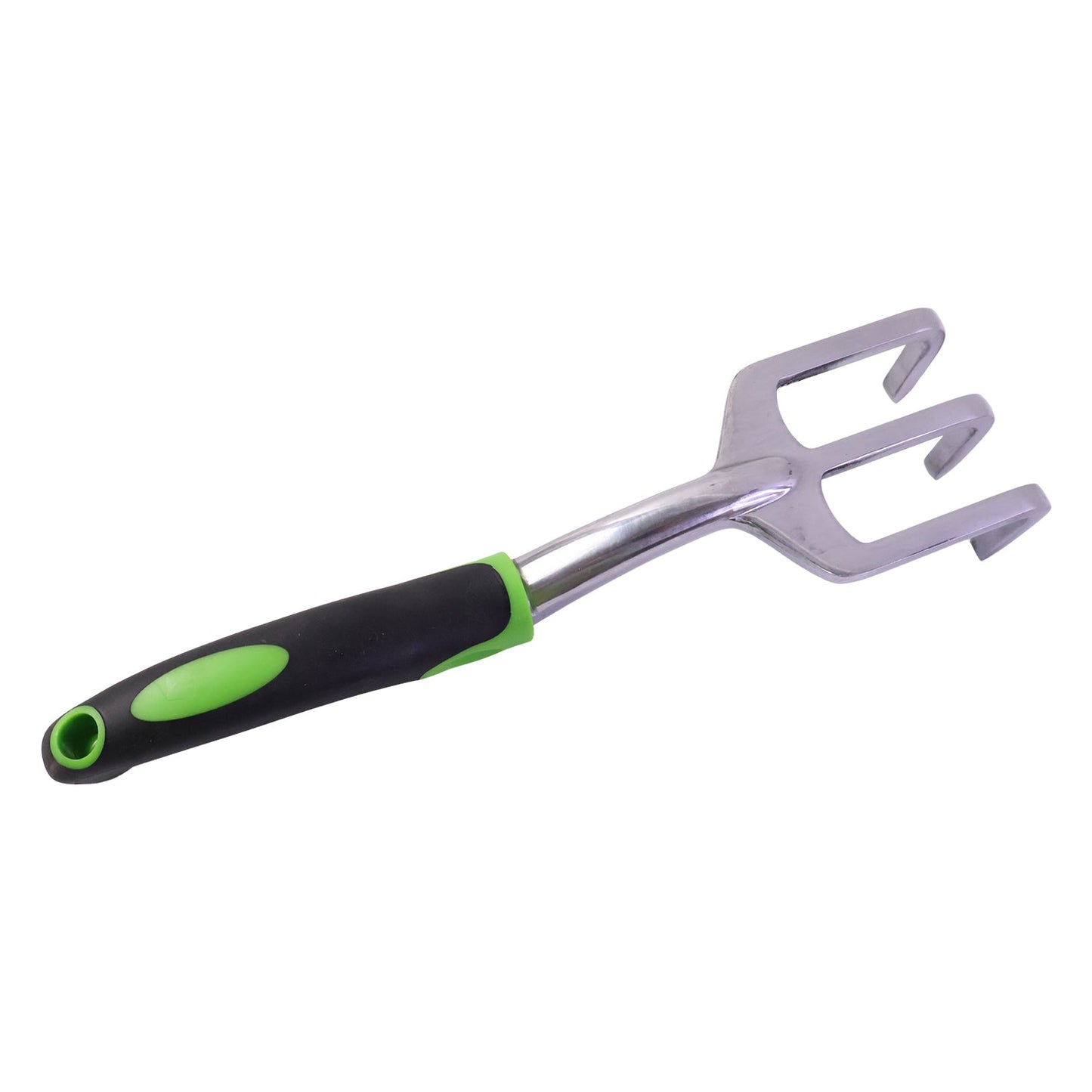 Ergonomic hand cultivator with three tines for garden beds