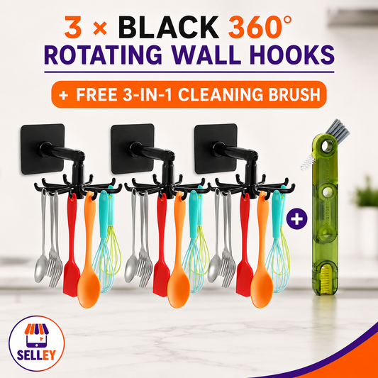 3× Black 360° Rotating Wall Hooks + FREE 3-in-1 Cleaning Brush