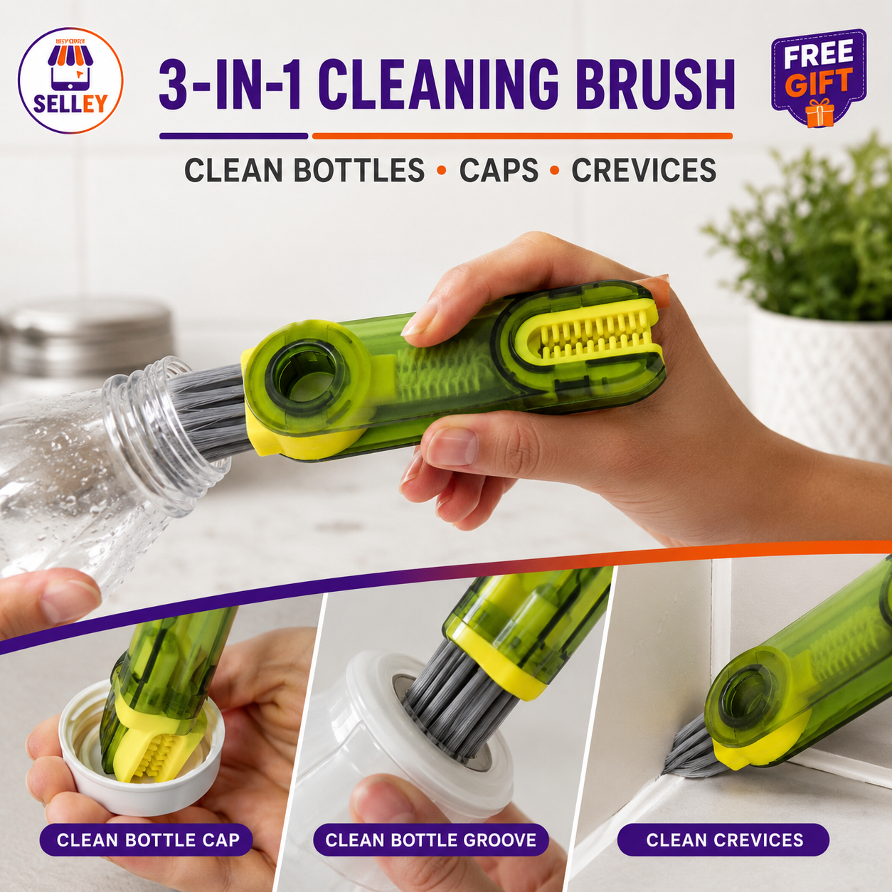 3× Black 360° Rotating Wall Hooks + FREE 3-in-1 Cleaning Brush
