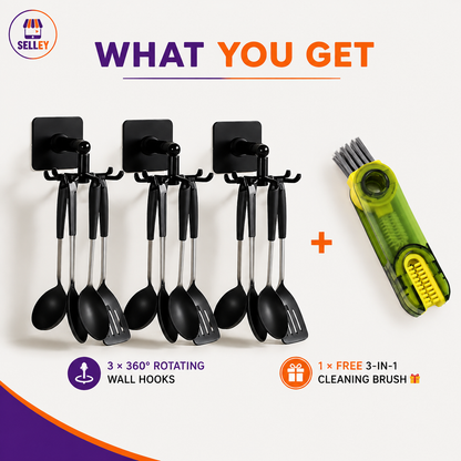 3× Black 360° Rotating Wall Hooks + FREE 3-in-1 Cleaning Brush