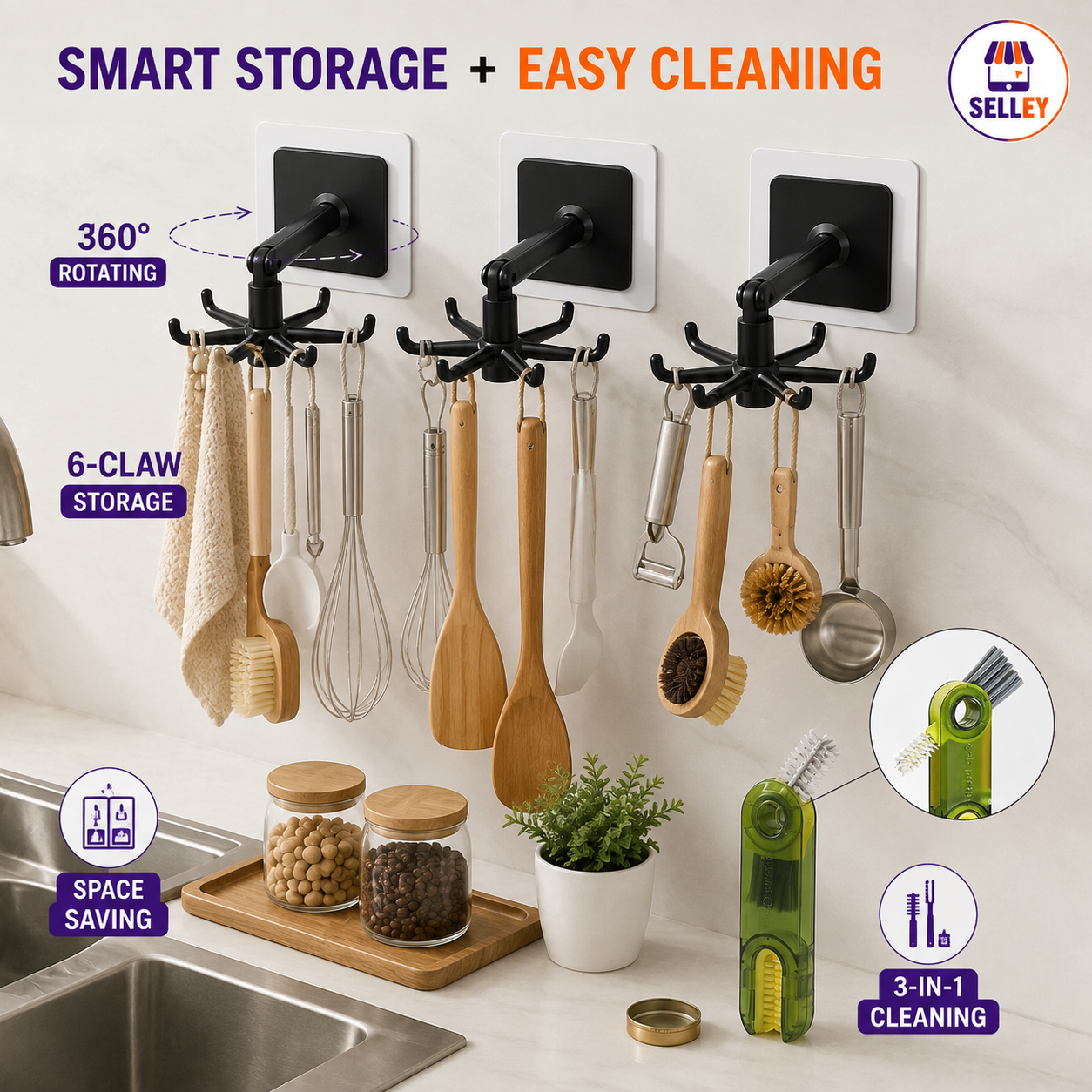 3× Black 360° Rotating Wall Hooks + FREE 3-in-1 Cleaning Brush