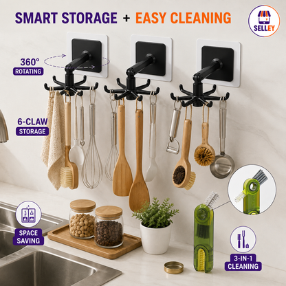 3× Black 360° Rotating Wall Hooks + FREE 3-in-1 Cleaning Brush
