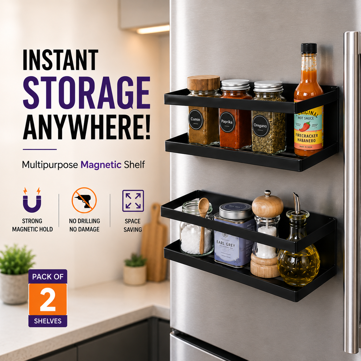 Instant Storage Shelf Pack of 2 mounted on refrigerator for kitchen organization