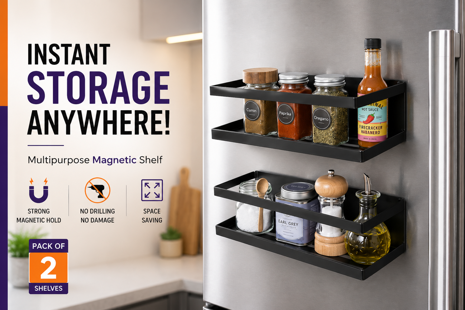 Instant Storage Shelf Pack of 2 mounted on refrigerator for kitchen organization