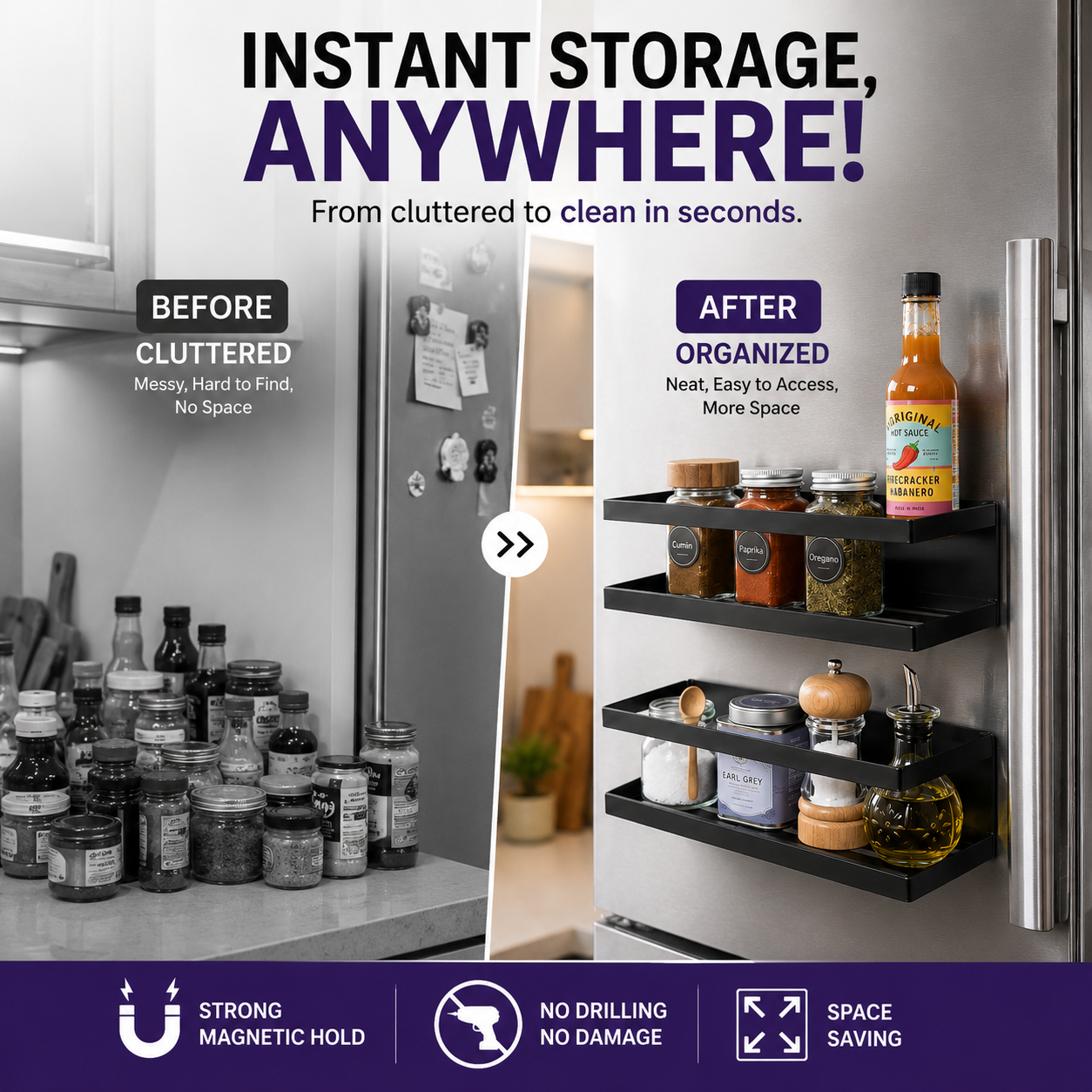 Before and after organization using multipurpose storage shelf