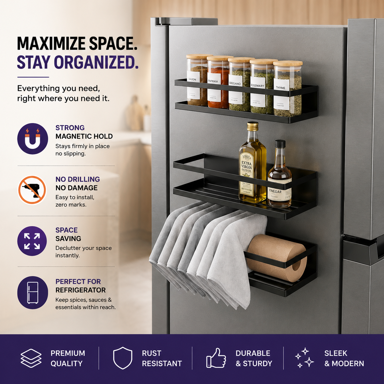 Storage shelf attached to refrigerator for spice jars and kitchen essentials