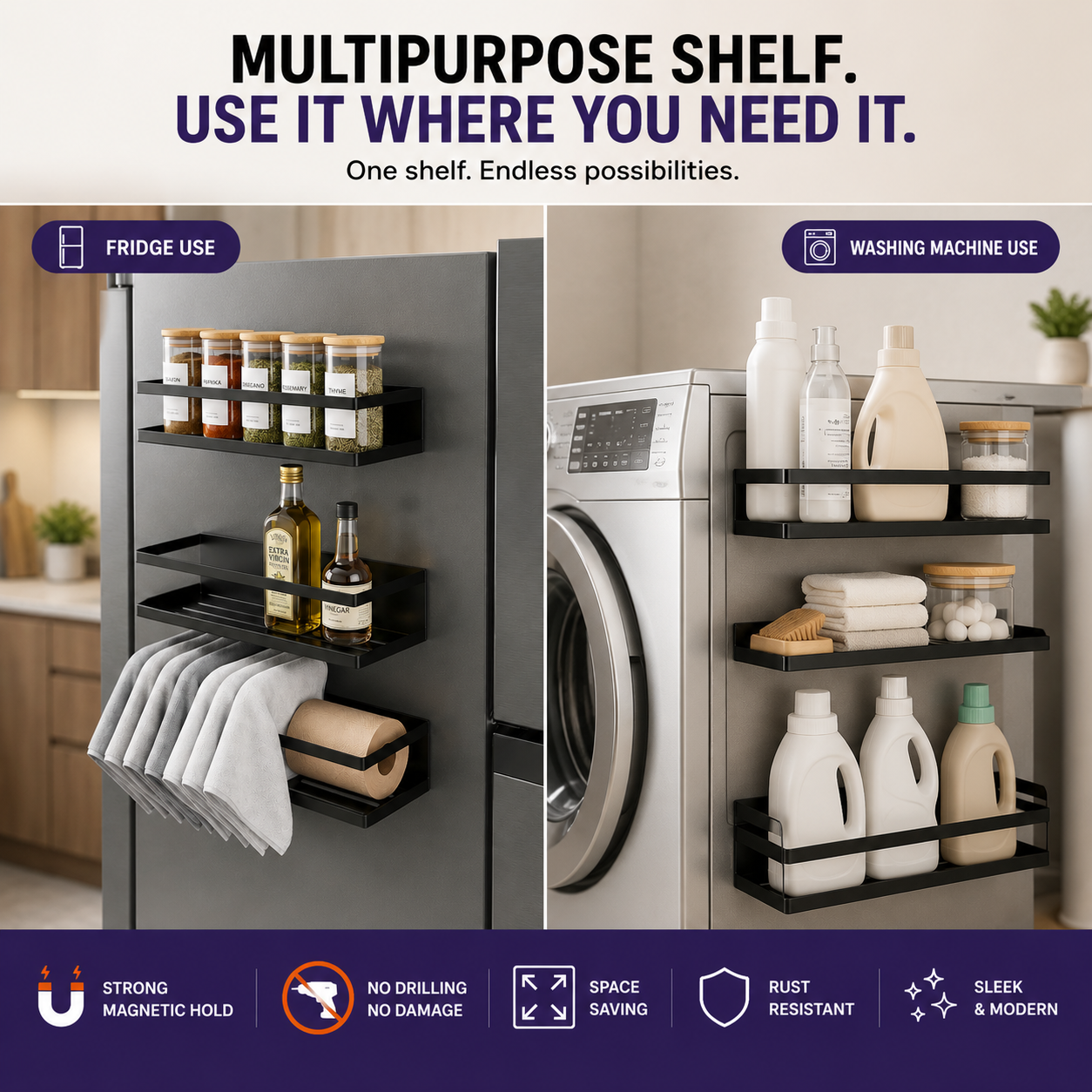 Multipurpose storage shelf used on refrigerator and washing machine