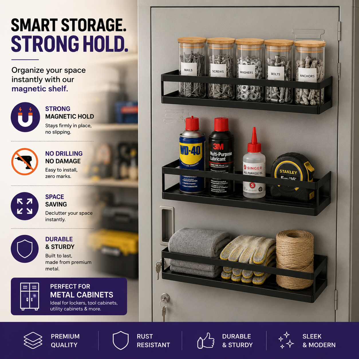 Storage shelf mounted on metal cabinet for extra storage space