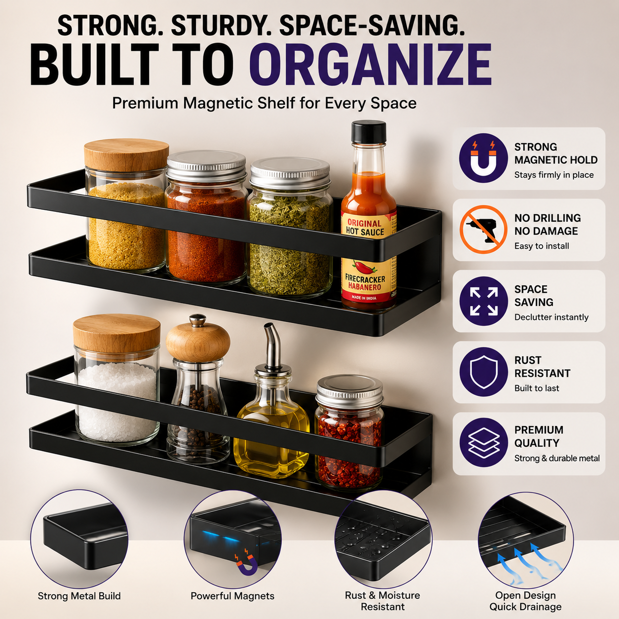 Storage shelf features including strong hold no drilling and rust resistant design