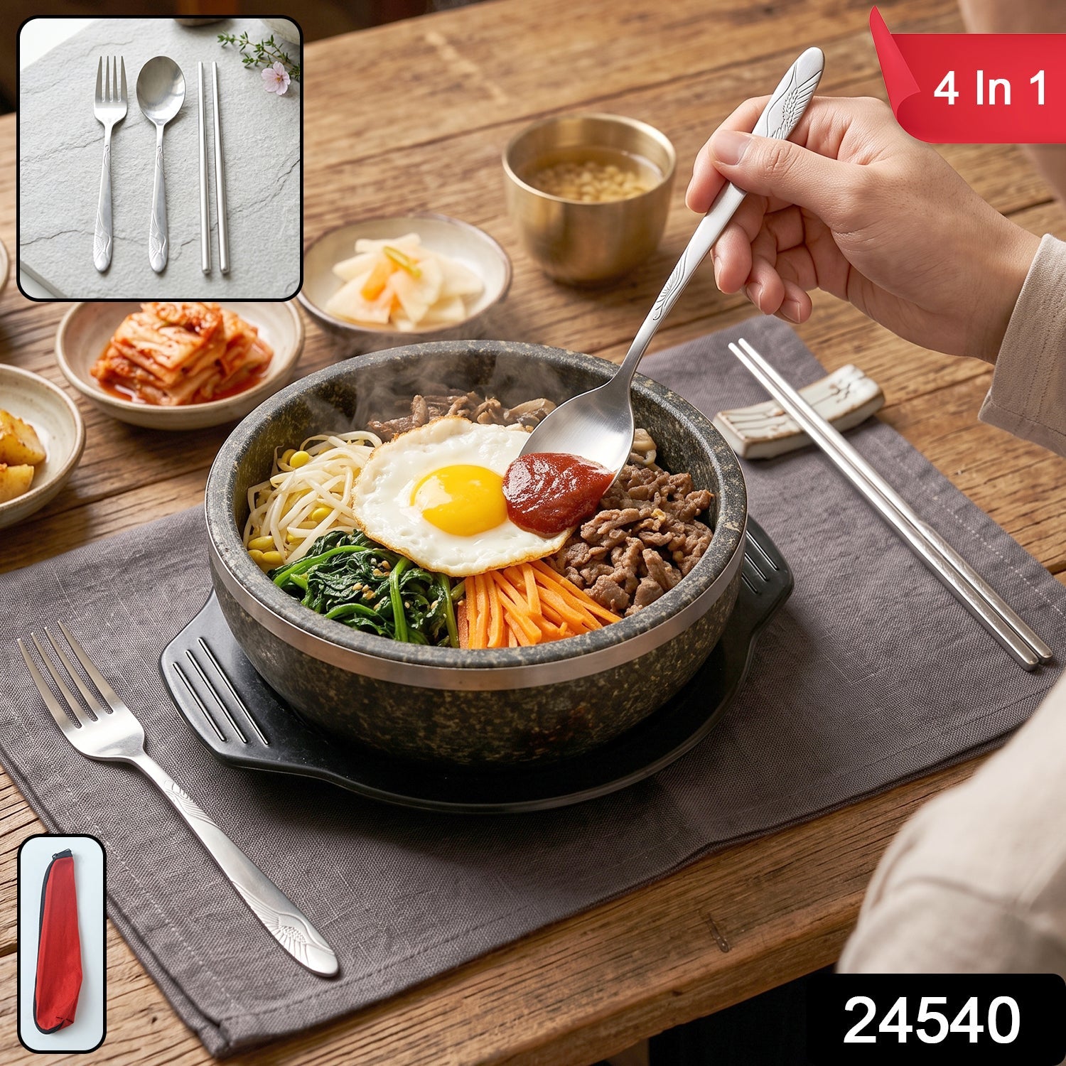 Reusable steel cutlery travel kit with carrying pouch