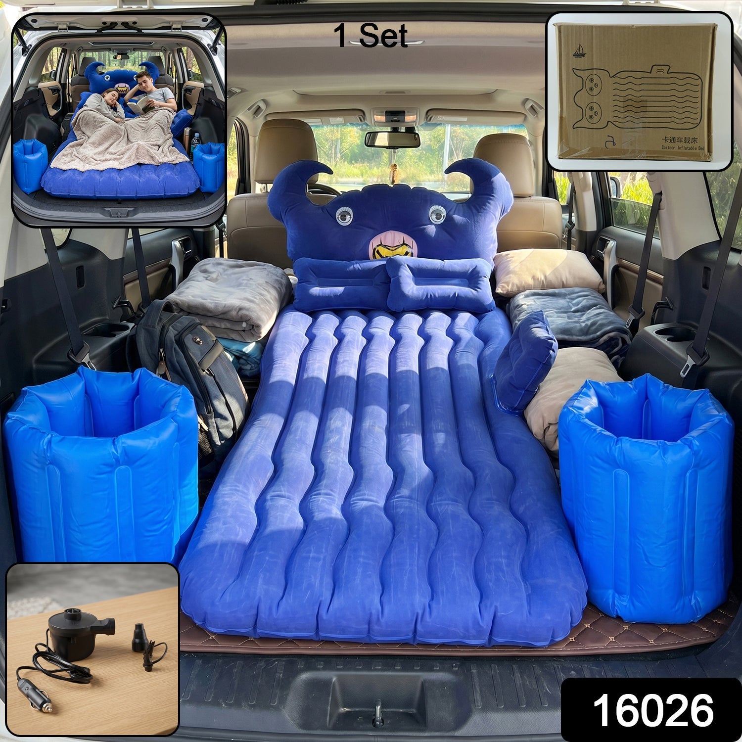 Inflatable car air mattress set up inside vehicle with cushions and pump