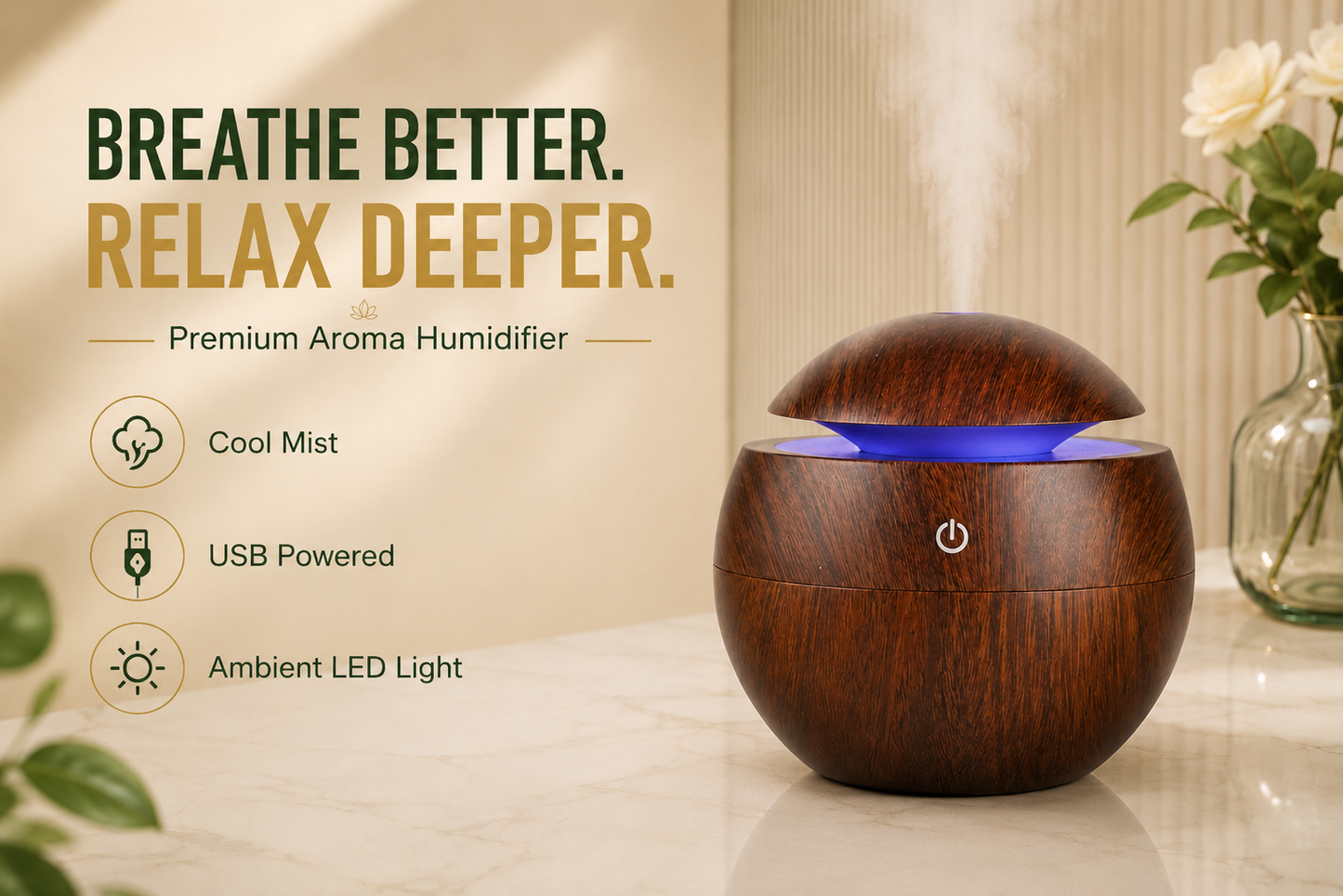 Wooden Aroma Humidifier with LED Light | USB Powered Cool Mist Diffuser for Home, Bedroom & Office