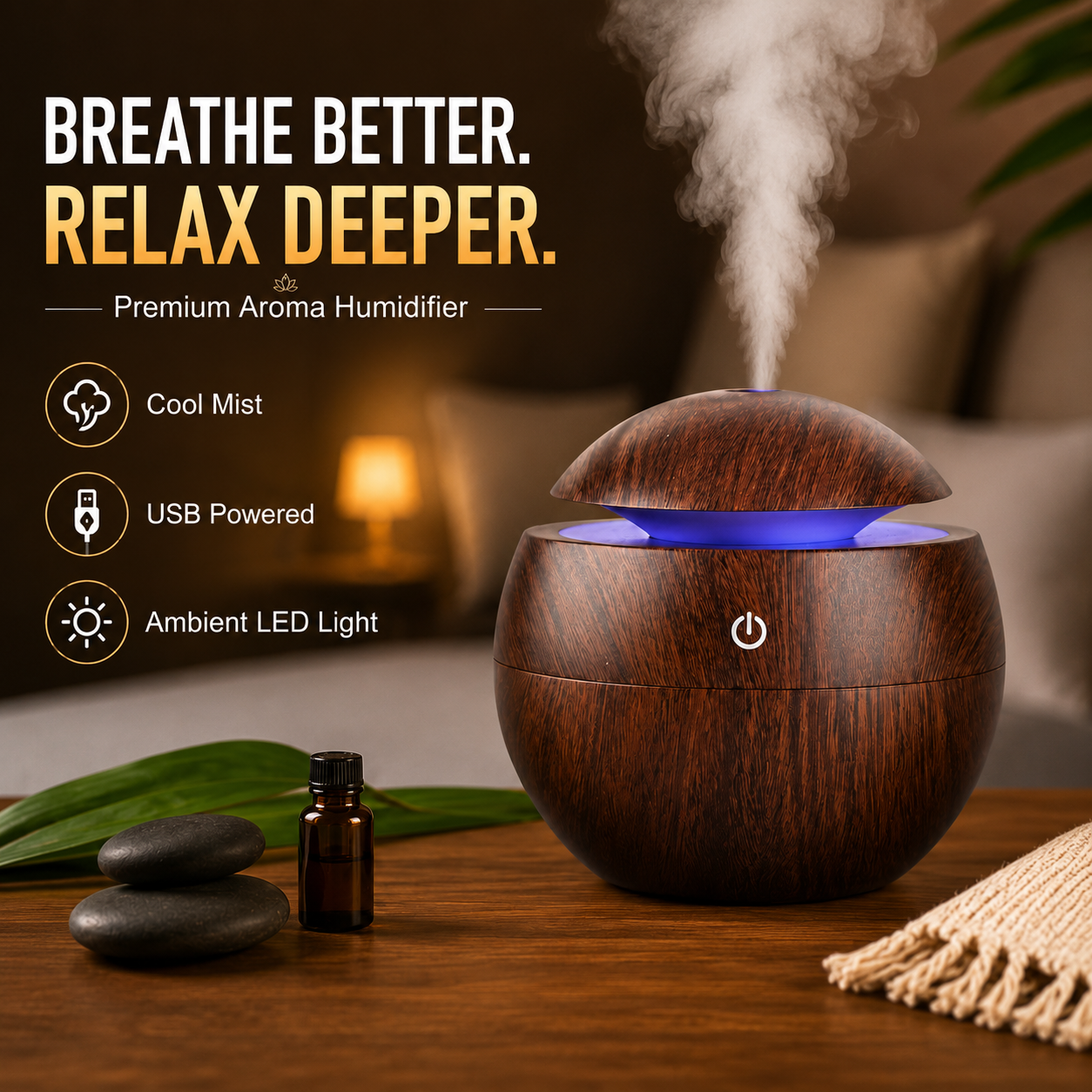 Wooden aroma humidifier with blue light on a table, surrounded by plants and flowers.