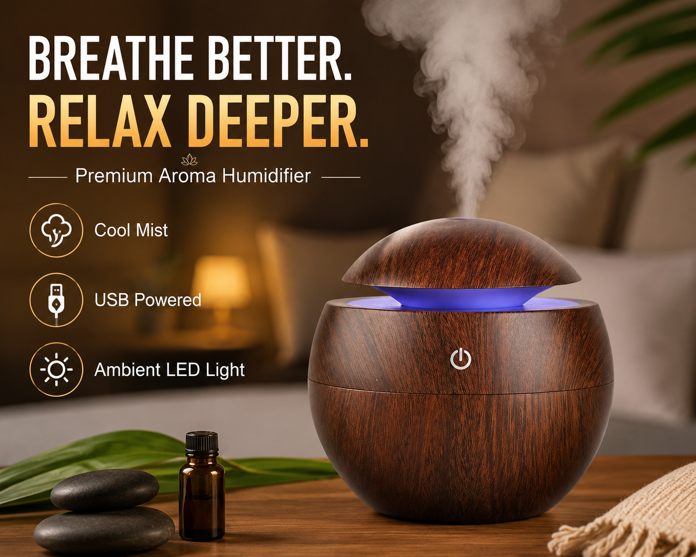 Wooden aroma humidifier with cool mist and ambient LED light