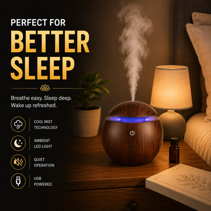 Wooden humidifier beside bed creating relaxing sleep environment