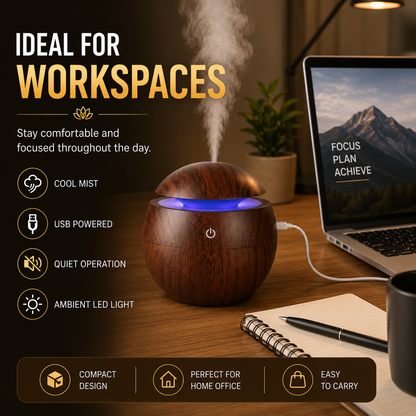 Compact wooden humidifier on office desk beside laptop