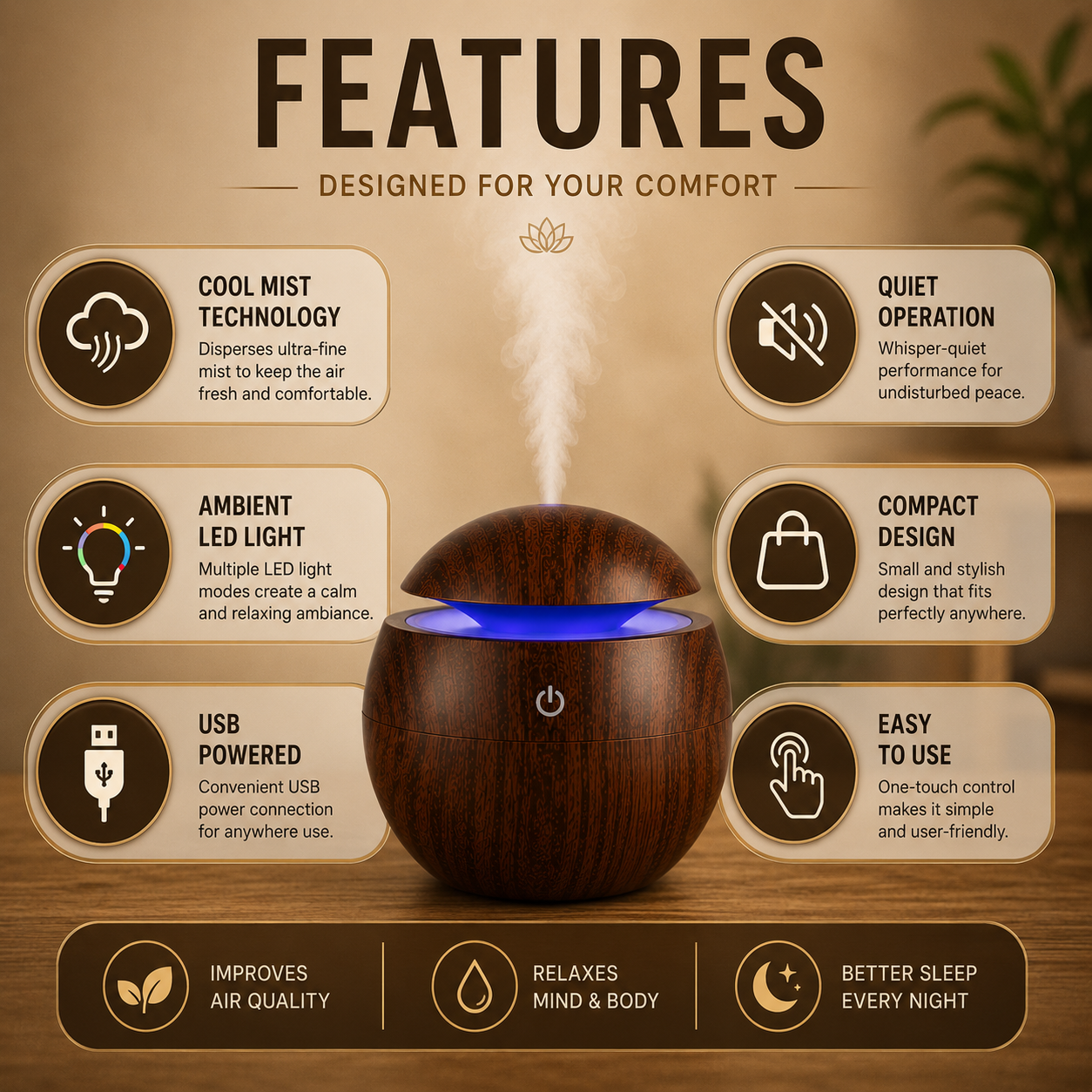 Wooden aroma humidifier showing cool mist, LED light and USB power features