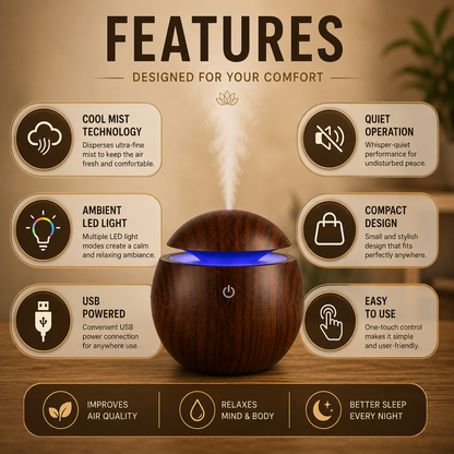 Wooden aroma humidifier showing cool mist, LED light and USB power features