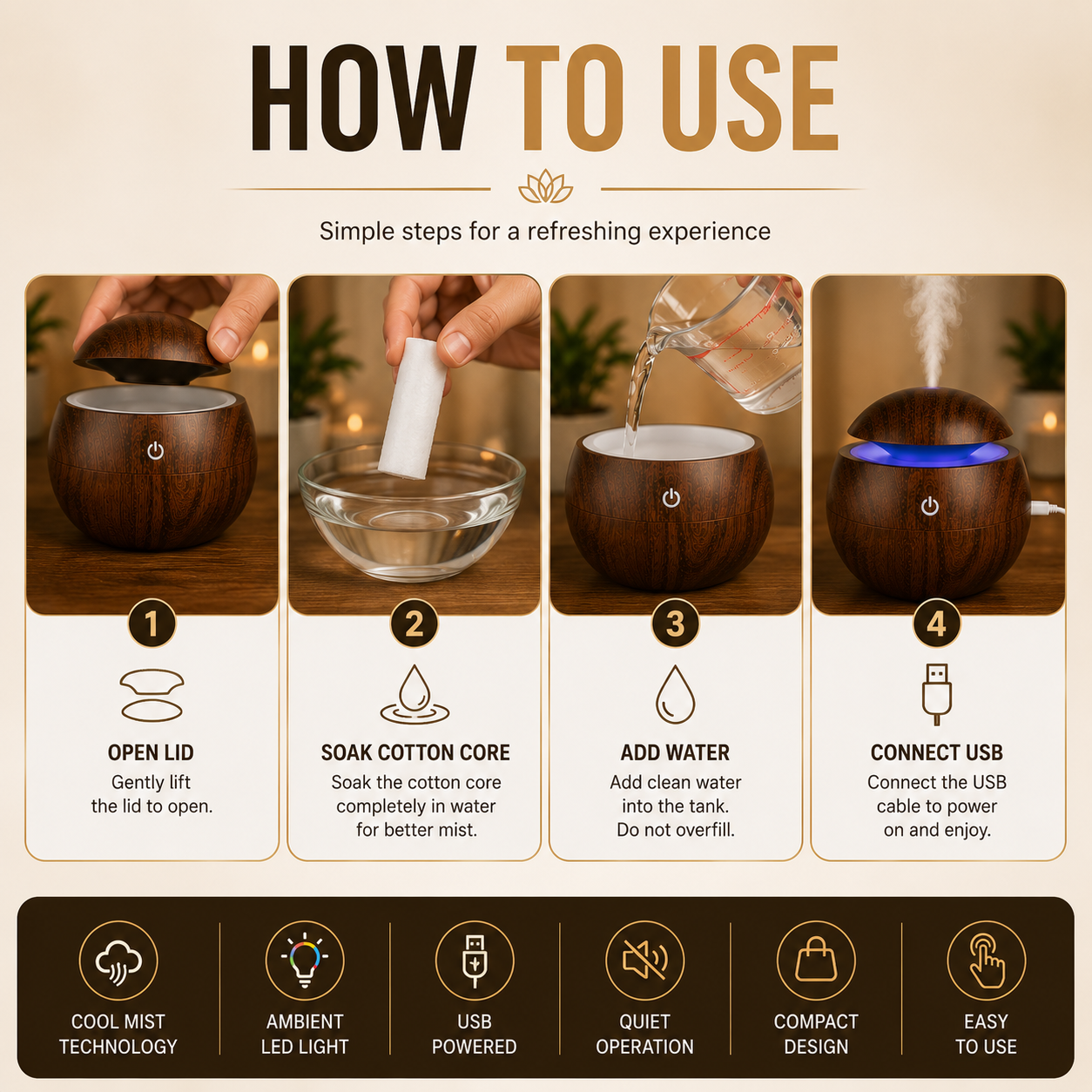 Step by step guide for using wooden aroma humidifier