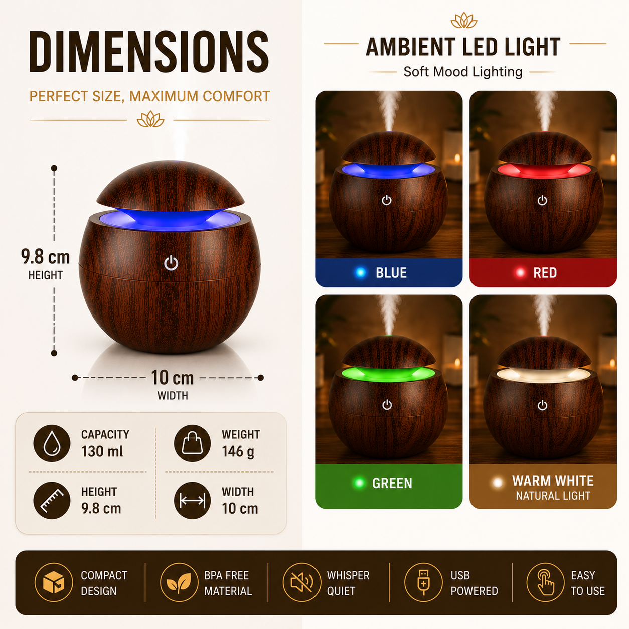 Wooden humidifier dimensions with size and capacity information