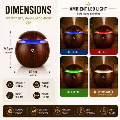 Wooden humidifier dimensions with size and capacity information